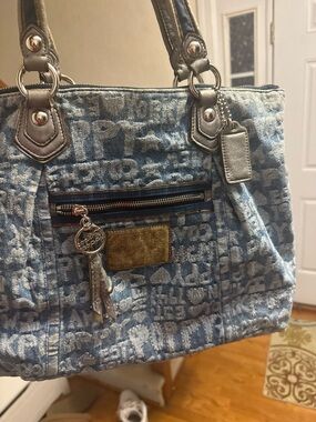 Y2K Coach Poppy Light Blue Denim Logo Tote with Silver Trim